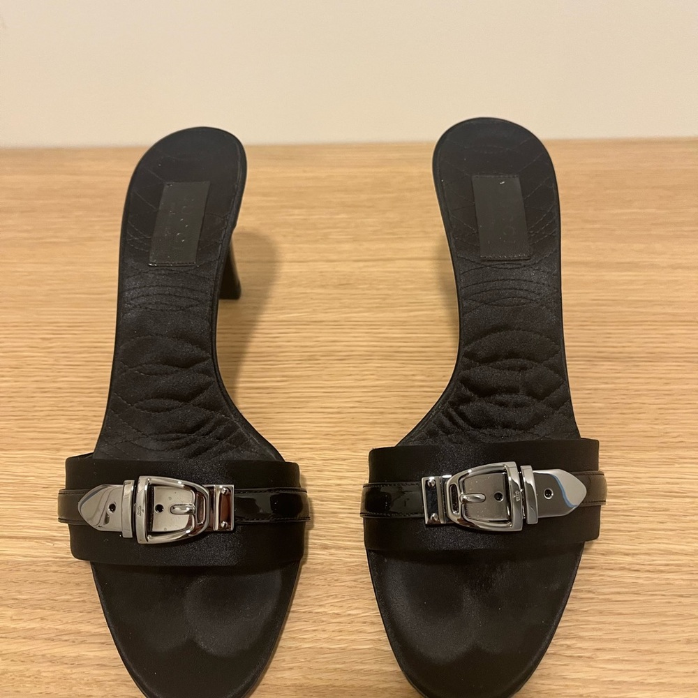 Gucci Black Heeled Mules with Silver Buckle